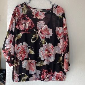 Metallic gold trim on pink and white flowers. 3/4 sleeve. Dress up or casual